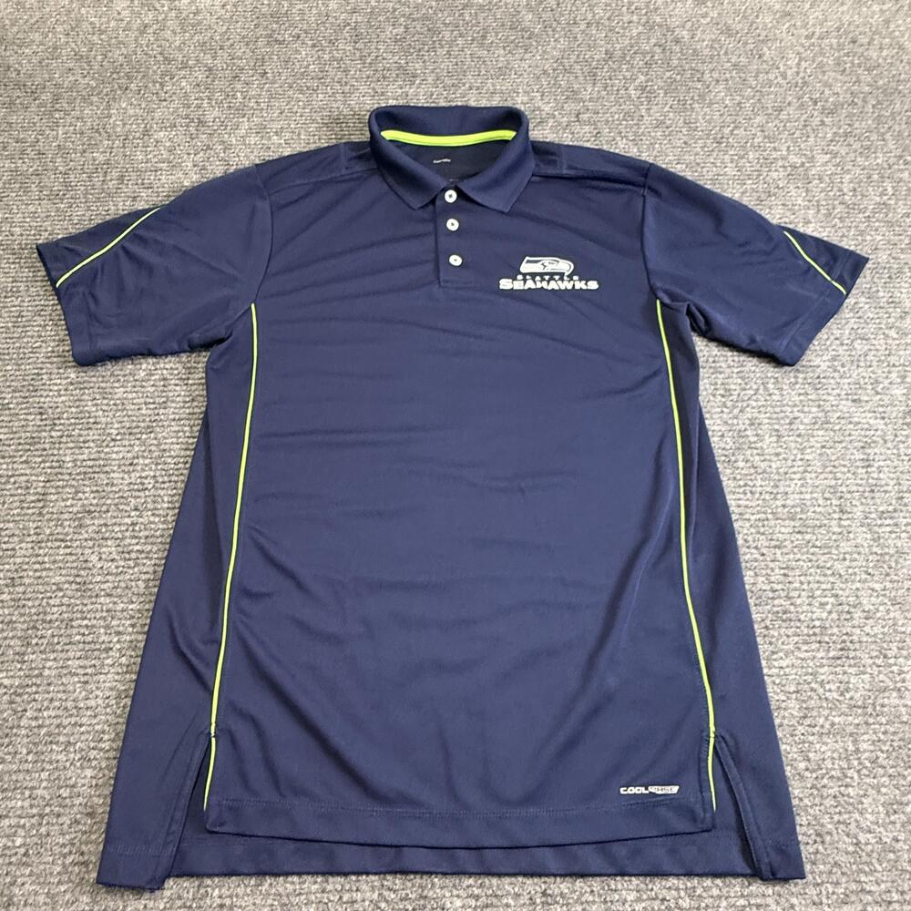 Seattle Seahawks Polo Shirt Mens Large Blue NFL Football Majestic Cool Base